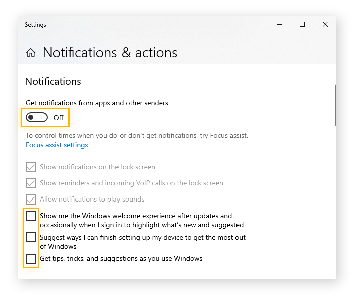 Mise en surbrillance du curseur et des options de notification décochées dans le menu Paramètres des notifications et des actions