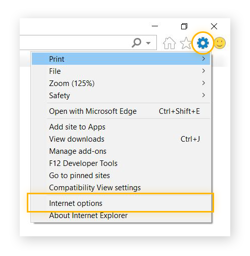 Mise en surbrillance du bouton Outils et des options Internet dans le menu Outils d’Internet Explorer