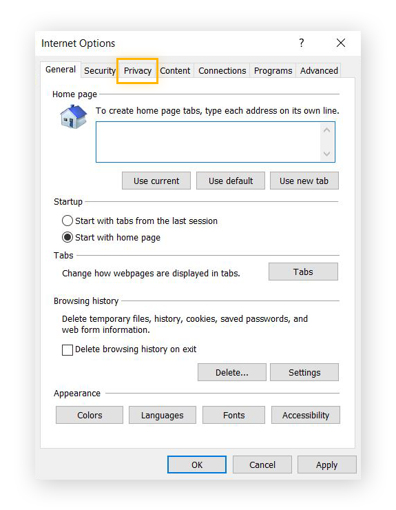 Mise en surbrillance de l’onglet Confidentialité dans les options Internet d’Internet Explorer