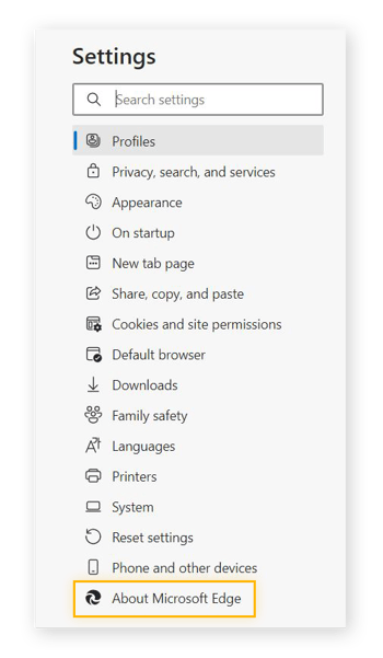 Mise en surbrillance de « À propos de Microsoft Edge » dans le menu des paramètres de Microsoft Edge