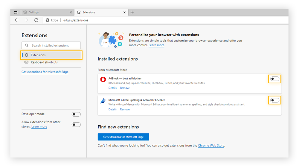 Mise en surbrillance de l’option « Extensions » et des interrupteurs des extensions dans Extensions dans les paramètres de Microsoft Edge
