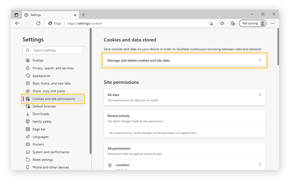 Mise en surbrillance de « Cookies et autorisations de site » et de « Gérer et supprimer les cookies et les données du site » dans les paramètres de Microsoft Edge