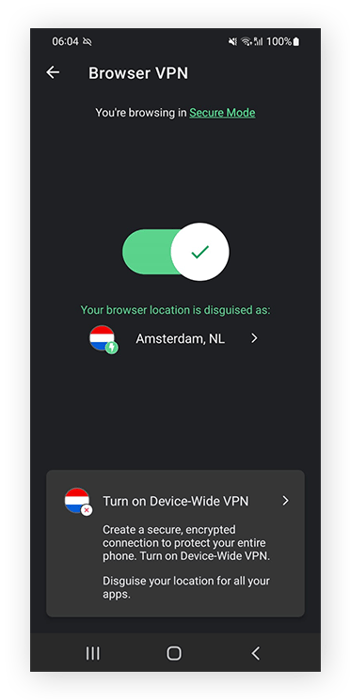 Une capture d’écran du VPN AVG Secure intégré dans AVG Secure Browser.