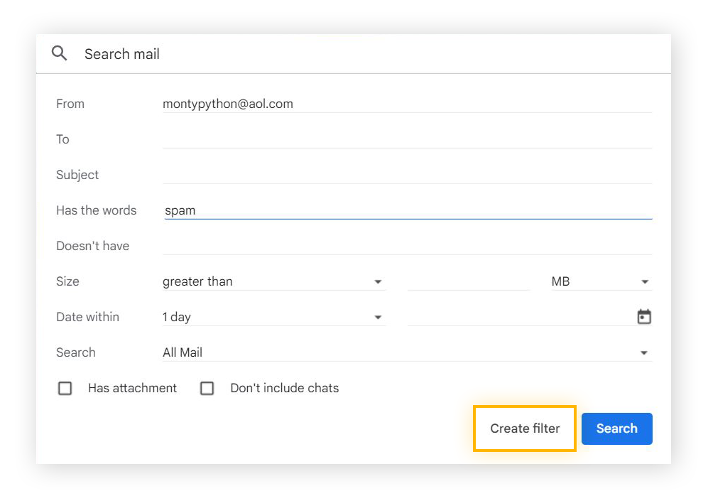  Abbildung des Menüs mit Suchoptionen in Gmail mit "Filter erstellen" hervorgehoben