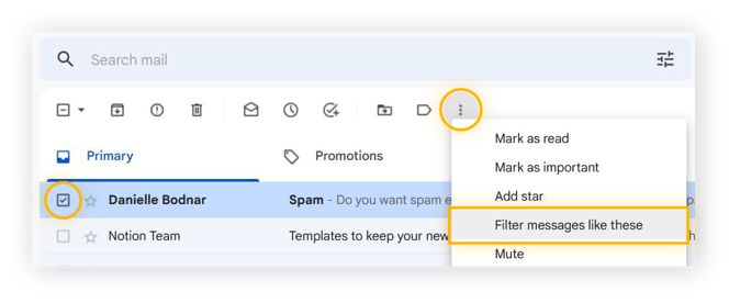 Eine ausgewählte E-Mail mit hervorgehobenem "Drei-Punkte-Symbol" und der Option "Ähnliche Nachrichten filtern"