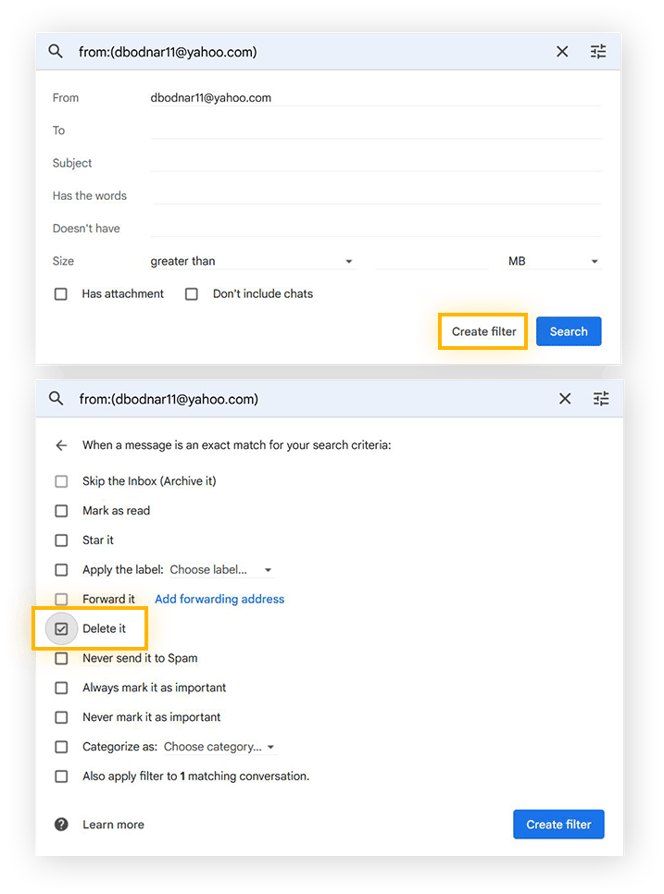 "Filter erstellen" hervorgehoben und Kästchen "Löschen" markiert