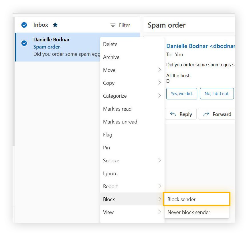  Abbildung der E-Mail-Auswahloptionen von Microsoft Outlook, wobei die Option "Absender blockieren" hervorgehoben ist