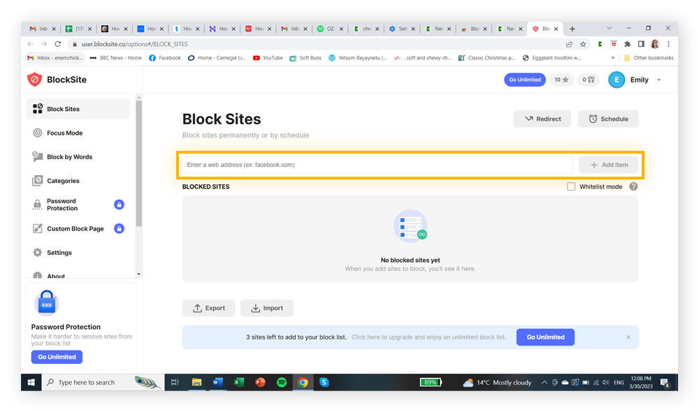 A página de gerenciamento de sites bloqueados da extensão BlockSite para Chrome