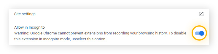 Permitir no modo de navegação, configurado na posição ativada, para a extensão do Chrome