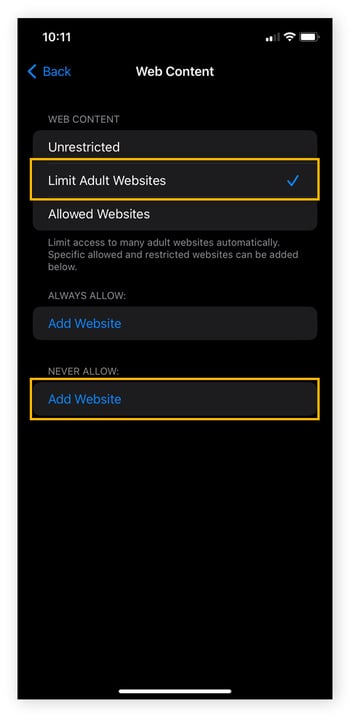 As configurações de restrições de conteúdo no iPhone mostram as opções Limitar Conteúdo Adulto e Nunca Permitir