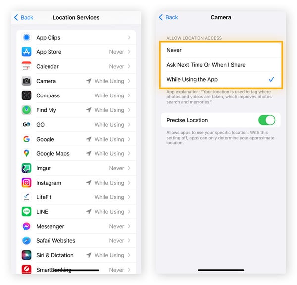 Modifying Location Services permissions for an app in iOS Settings.