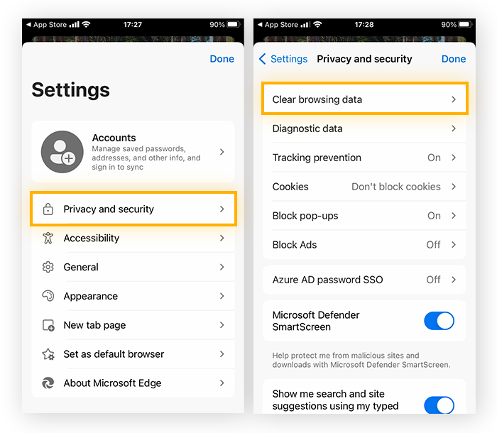 En la configuración de Privacidad y seguridad, pulse Borrar los datos de exploración.