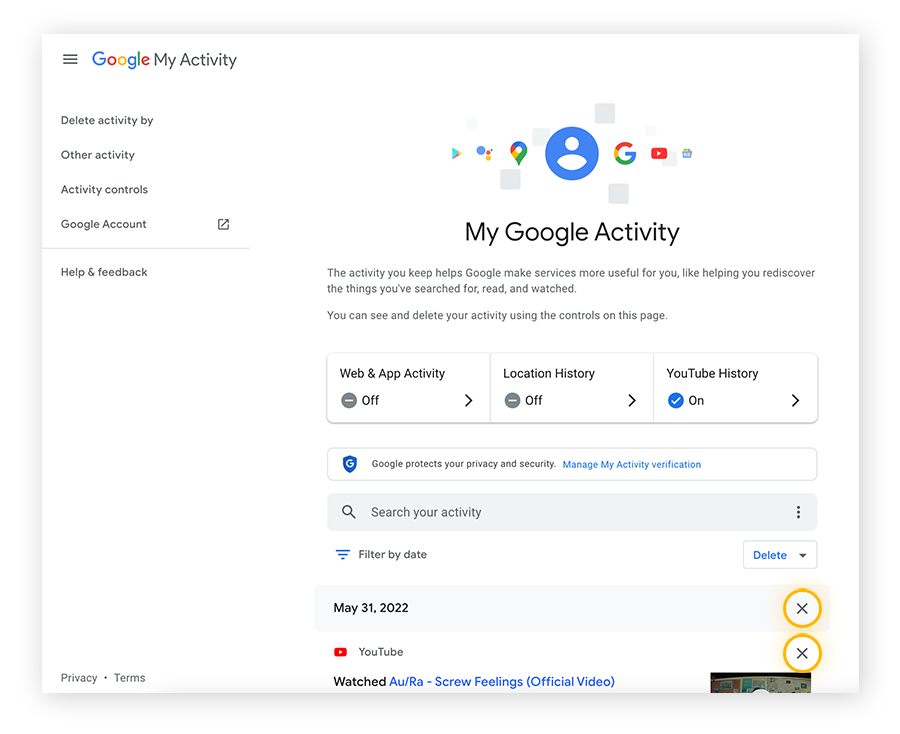 Deleting individual items from your Google account search history.