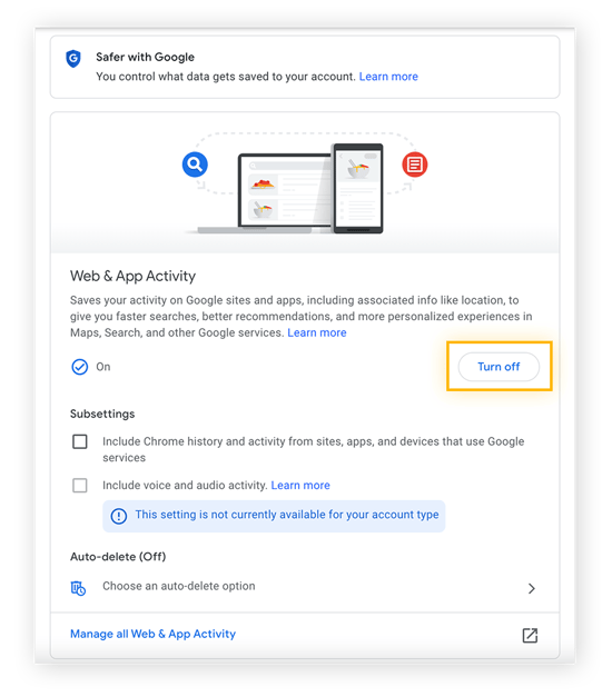 Adjusting activity controls in Google Chrome.
