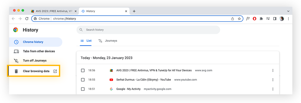 Select "Clear browsing data" to get to the deleting screen.