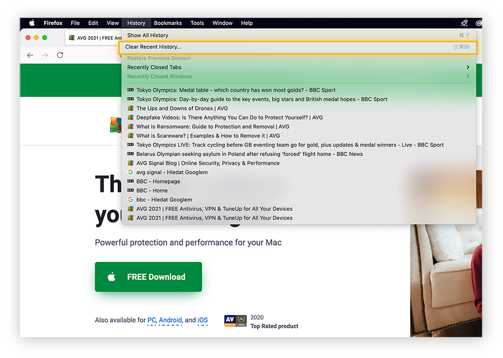 To clear browsing history in Firefox, start by opening up the menu bar.
