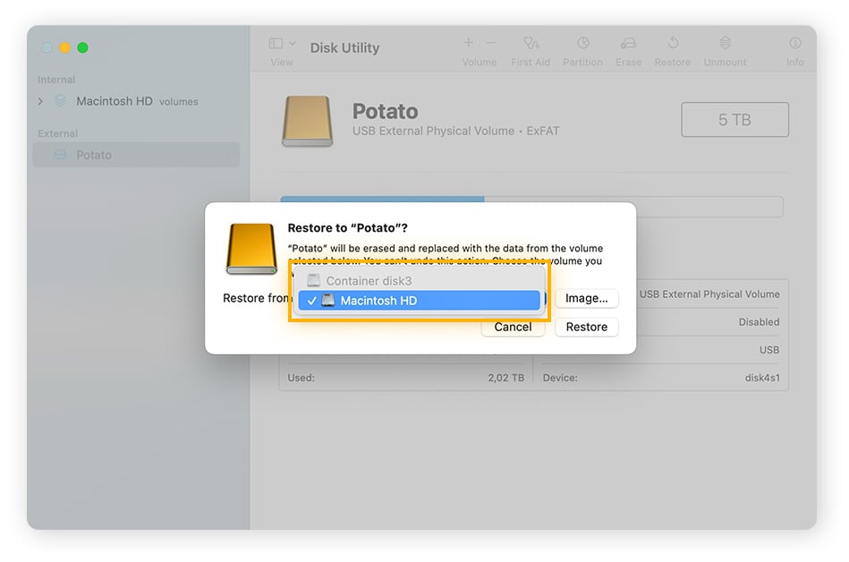 Een bronstation selecteren voor herstel in Schijfhulpprogramma voor macOS.