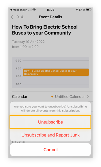 Conferma dell'annullamento dell'iscrizione a un calendario di terze parti e segnalazione come posta indesiderata nell'app Calendario per iPhone.