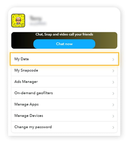 Cliquez sur Mes données dans le menu principal du site Web de Snapchat.