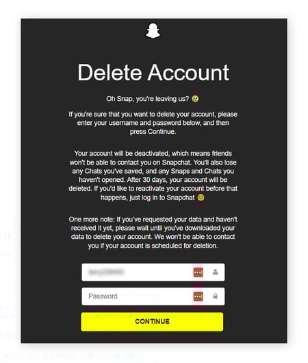 Saisissez vos informations de connexion, puis cliquez sur Continuer pour confirmer que vous souhaitez supprimer votre compte Snapchat.