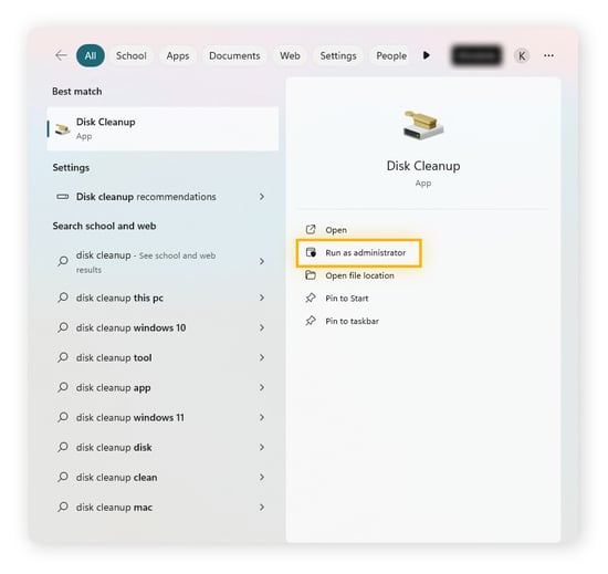 Öffnen der Datenträgerbereinigung unter Windows 11.