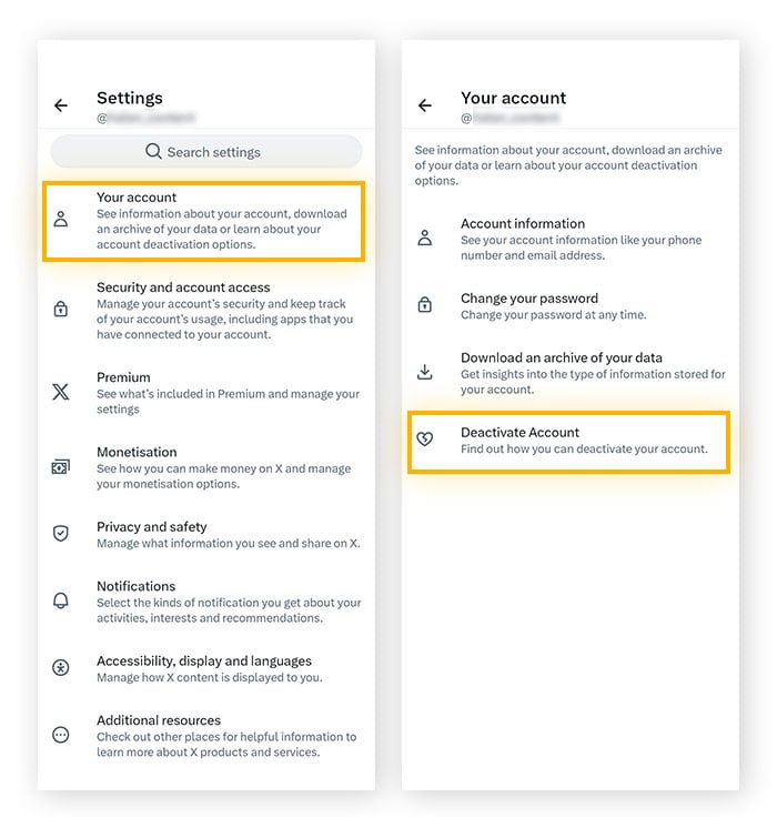 The X Your Account menu, with the 'Deactivate account' option highlighted.
