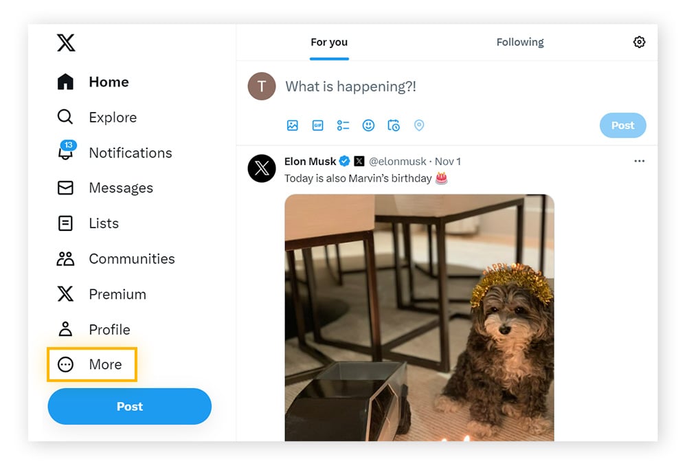 The Twitter main menu on a desktop browser, with the More button highlighted