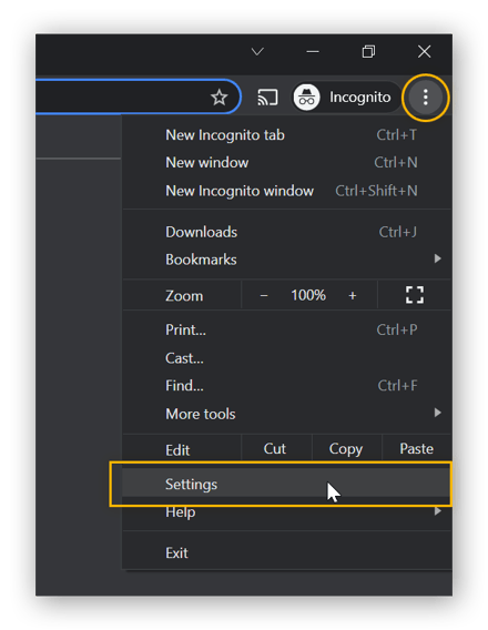 A screenshot of the hamburger menu open in Google Chrome with the mouse hovering over the Settings option.