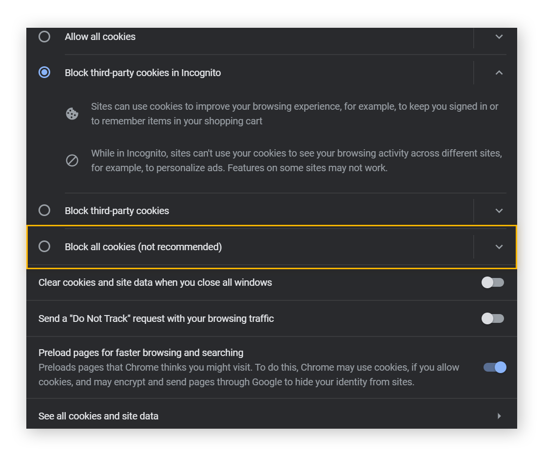 A view of the Cookies and site data settings in Chrome. "Block all cookies" is circled.