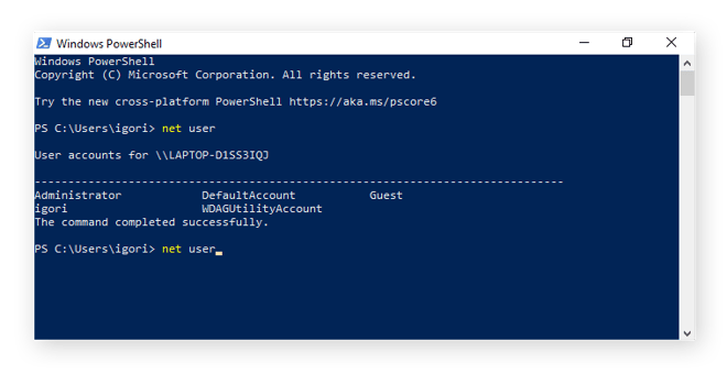 Typing "net user" in Windows PowerShell
