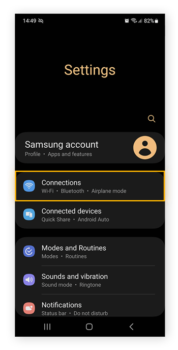 Abra as configurações do dispositivo Android e toque em Conexões e inicie o processo para encontrar seu endereço IP local.