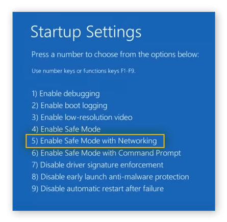 Starting up a Windows 10 PC in Safe Mode with Networking from Startup Settings.
