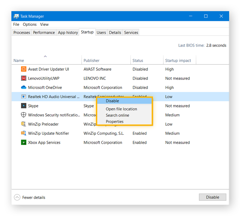 Disabling startup items using Windows 10 Task Manager to help prevent the black screen of death.