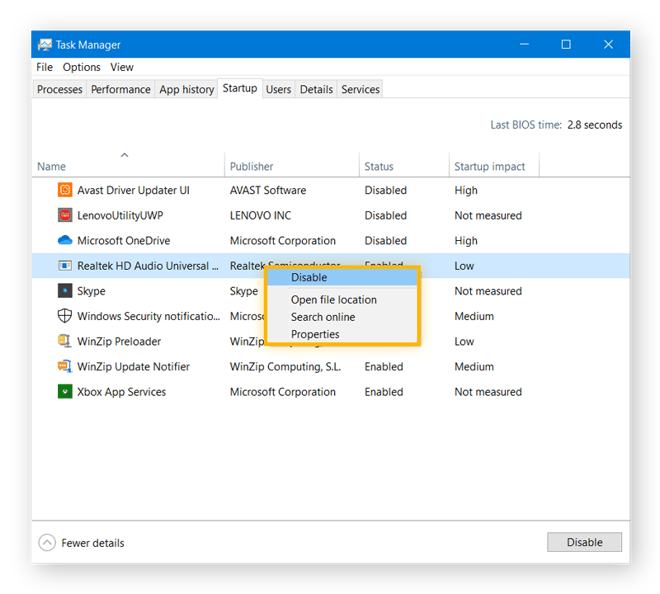Disabling startup items using Windows 10 Task Manager to help prevent the black screen of death.