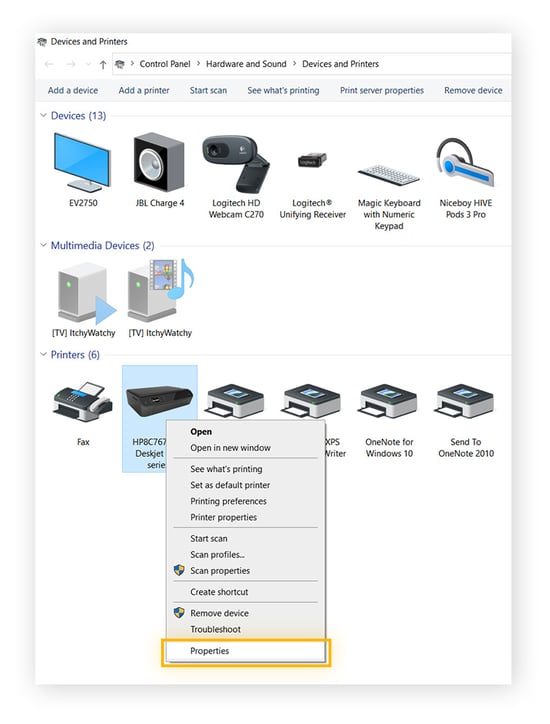 Acceso a las propiedades de la impresora a través del Panel de control de Windows.
