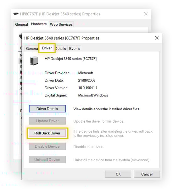 Revertir a un controlador de impresora para solucionar un error de controlador no disponible.
