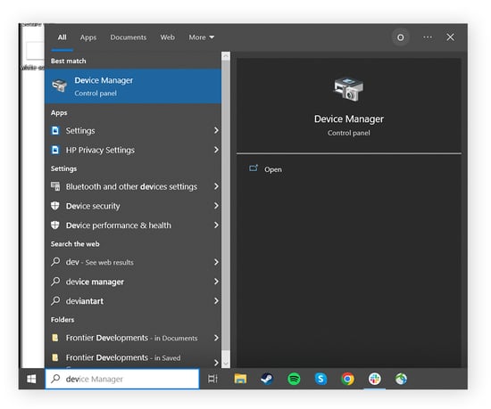 Inicio del Administrador de dispositivos a través del menú Inicio en Windows 10.