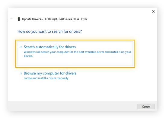 Selección de «Buscar controladores automáticamente» para que Windows encuentre una actualización de controladores compatible.