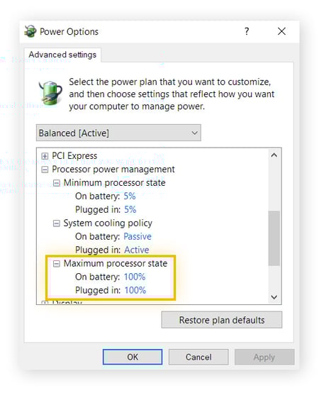 Advanced power options, where you can change the maximum processor state from 100% down to any other value.