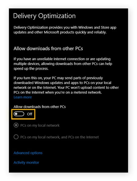 Settings for Delivery optimization. It has been turned off.
