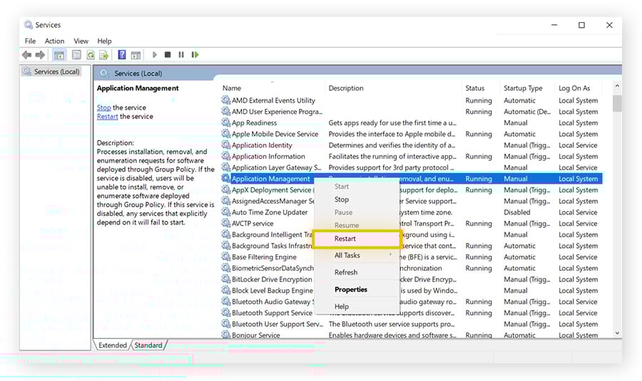 A view of Services app, and Application Management has been right-clicked.
