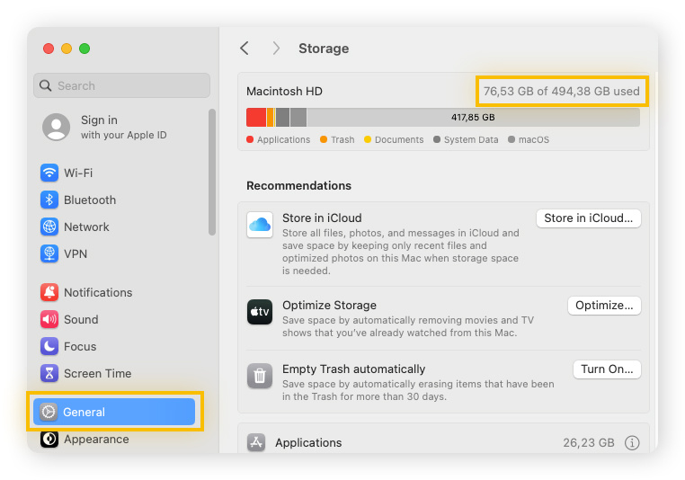 Ver cuánto espacio libre hay en el disco en macOS Sonoma o Ventura en Ajustes del Sistema, General, Almacenamiento.
