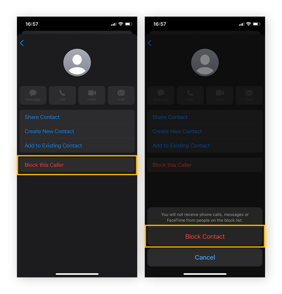 Bloqueo del remitente de un mensaje de texto falso en iPhone.