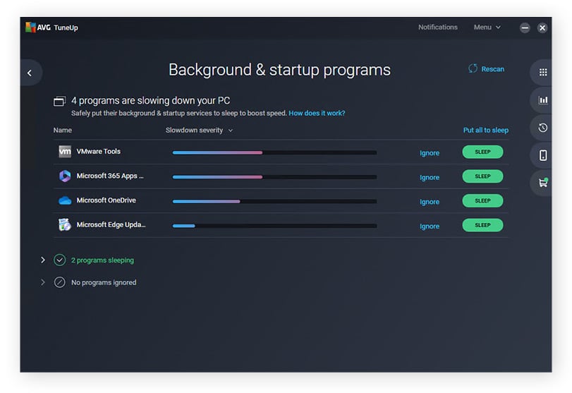 Hintergrund- und Autostart-Programme in AVG TuneUp für Windows 10 in den Energiesparmodus versetzen.
