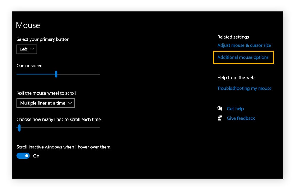 Mauseinstellungen unter Windows. „Zusätzliche Mausoptionen“ ist eingekreist.