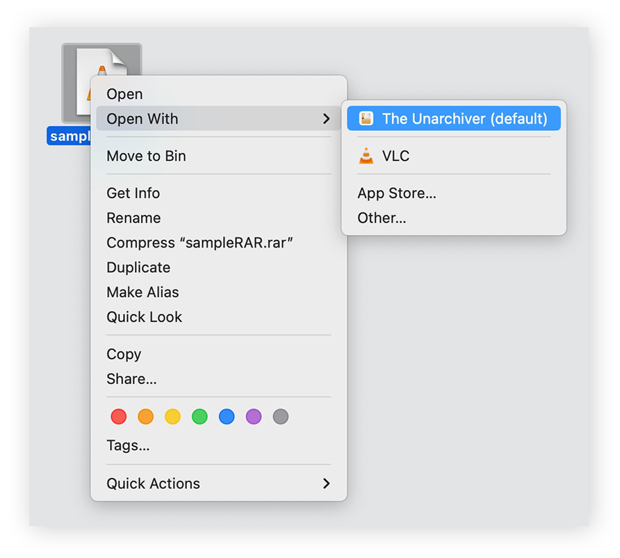 Um arquivo RAR com o menu do botão direito do mouse aberto e "Open With" (Abrir com) e, em seguida, "The Unarchiver" destacado