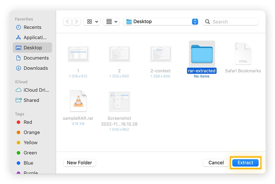 Visualização do diretório de arquivos no Mac mostrando onde um arquivo RAR será extraído