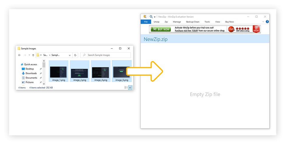 Tela do PC mostrando arquivos destacados em um diretório com uma seta apontando para um arquivo WinZip