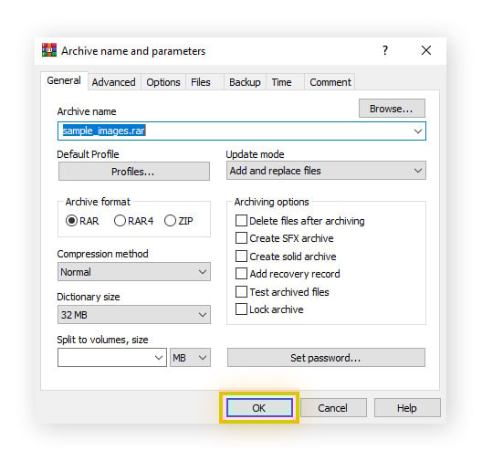 Menu de configurações de compactação no WinRAR com "OK" destacado