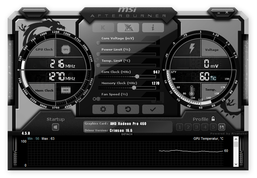 An screenshot of the MSI overclocking software, Afterburner.